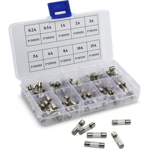 100pcs 5x20mm Quick Blow Glass Tube Fuse Fast-blow Glass Fuses Assorted Kit
