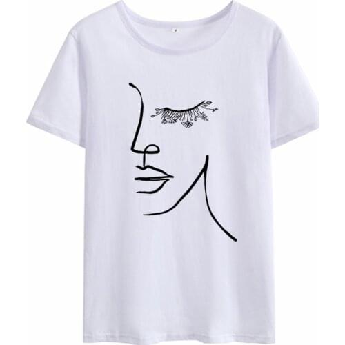 2021White Shirt Abstract Simple Woman’s Shirts Summer Short Sleeve T-shirt Femme Harajuku Creative Line Graphic tee Hipster t