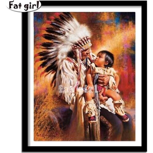 5D Diy Diamond Painting Indigenous Pattern Cross Stitch Square Round Indian Old Man And Child Diamond Embroidery Mosaic Love Kit