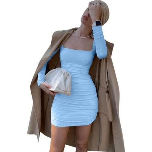 Tinastyle White Bodycon Short Casual Dress for Women 2020 Square Collar Long Sleeve Mini Dress Black White Basic Christmas Dress