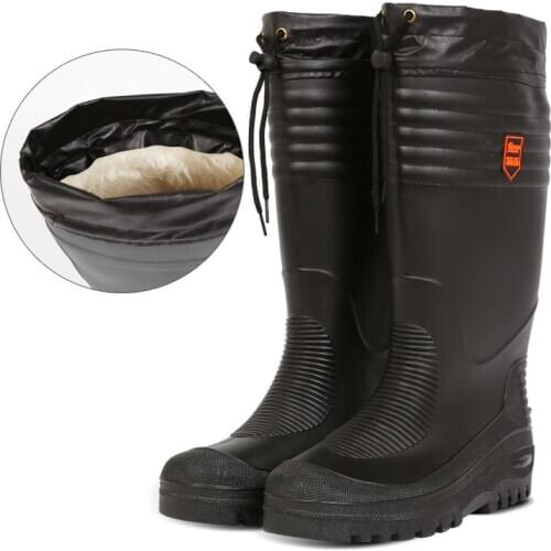 Black High Fishing Boots Men Water Shoes Rain Boots with Fur Winter High Boot Cotton Padded Boots Waterproof