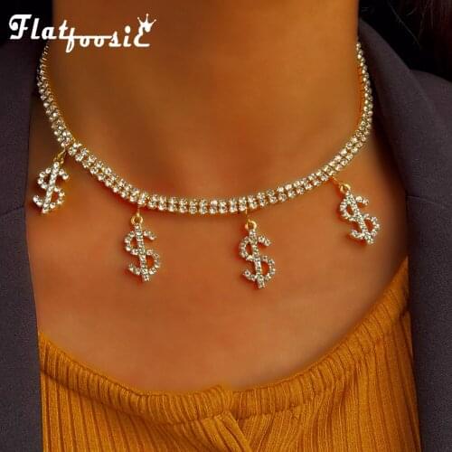 Flatfoosie New Fashion Dollar Sign Pendant Necklace For Women Double layer Rhinestone Tennis Long Chain Necklace Party Jewelry