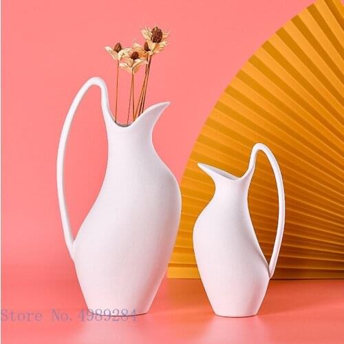 Ceramic vase White kettle shape handle irregular Handmade Flower vase Flower arrangement handicraft ornaments Home Decoration
