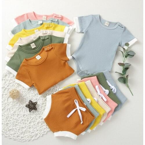 FOCUSNORM Newborn Baby Girls Boys Clothes Sets 6 Colors Solid Short Sleeve Button Romper Tops Shorts 2pcs 0-24M