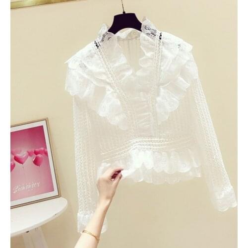 Lace Hollow Out Sweet Women Blouse 2020 Summer New Long-Sleeved Solid Ruffles Short High Waist Lady Elegant Pulls Tops Tess