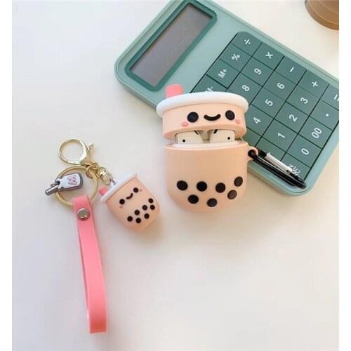 Cute Milk Tea Cup Hanging Rope Key Chain Suitable Bag Hanging Key Ring Chain Female Cartoon Airpods Pendant