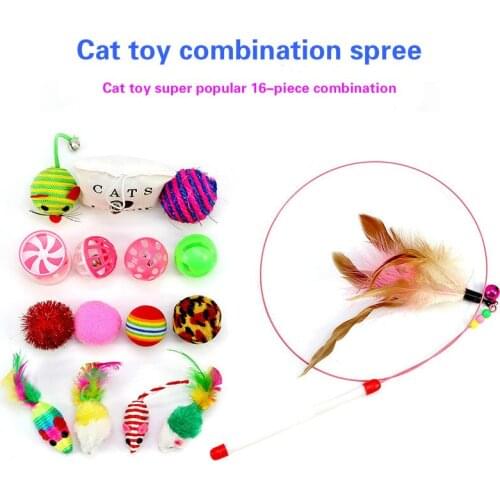 Pet cat toy set tease stick mouse sisal ball gift value combination of 16 pieces
