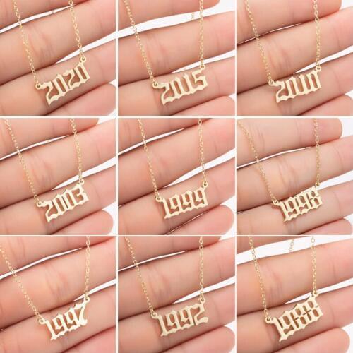 Hfarich Punk Old English Personalize Date Necklaces 1988 1989 1990 1992 1996 1997 2020 Custom Birth Year Necklace Collier femme