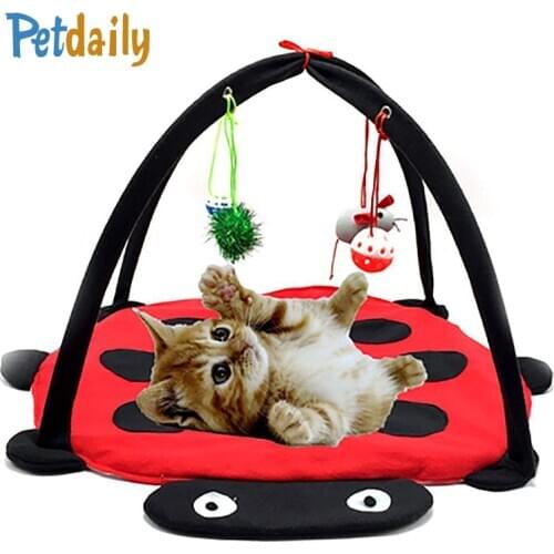 Plush Cat Play Mat,Winter Warm Waterproof Heating Pet Cat Bed,Indoor Cute Cartoon Beetle shaped Cat Tent with Hanging Noise Toys