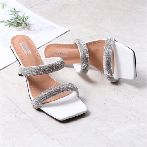 Women Heels Womens Sandals Summer Shoes Female Rhinestone Shoes Thin Heel 8.5CM Party Footwear Outdoor Slides Fashion 2021