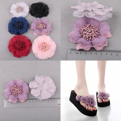20PCs Handmade Fabric Chiffon Flowers Big Size Floral Button Patch Sticker Ornament Accessories Shoes Slipper Handbag Decoration