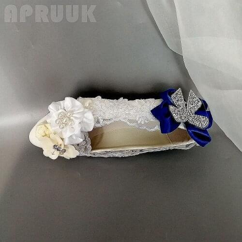 Flower girl flats shoes with royal blue bow butterfly-knot female womens dancing birthday party flats plus size bridal shoes