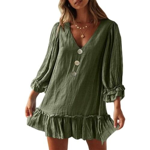 Autumn Vintage Cotton Linen Dress Long Sleeve Ruffle Hem Mini Dress A Line SKirt Boho Loose Casual Plus Size V Neck Women Green