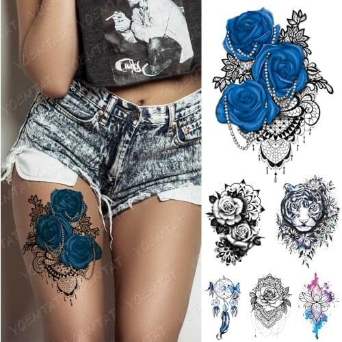 Waterproof Temporary Tattoo Sticker Blue Rose Lace Mandala Henna Flash Tattoos Tiger Butterfly Body Art Arm Fake Tatoo Women Men