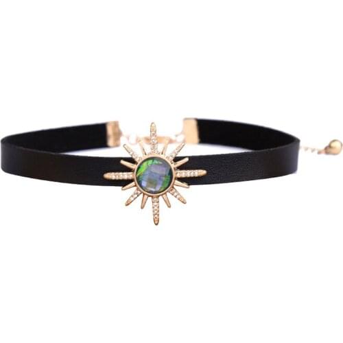 High quality fashion jewelry accessories black leather rhinestone sun choker necklace