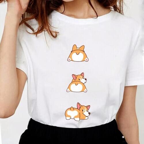 Lus Los Womens Wear Cute Pet Print Tops Summer Cartoon Corgi Butt Casual Girls T shirt Top O Neck Short Sleeve Tee Shirt