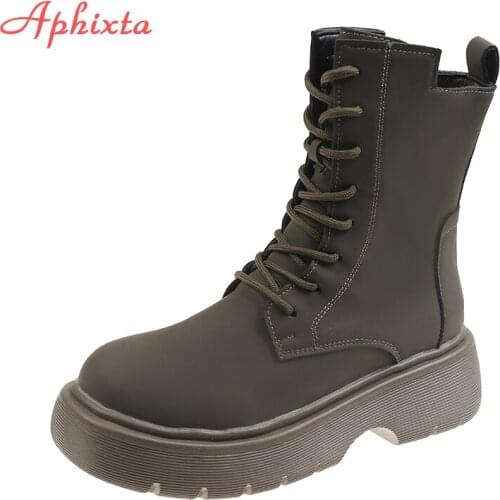 Aphixta Platform Womens Winter Boots Round Toe 2021 Waterproof Zip Lace-up Chunky Heel Short Shoes Footwears Plus Big Size 43