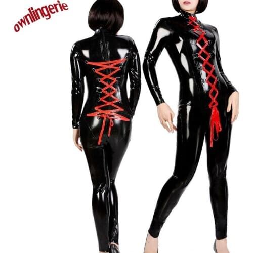 Women Red Lace Up Back and Front Zipper Back Faux Leather Long Sleeve Slim Fit Bodysuit Jumpsuit Party nightclub Tight Catsuit