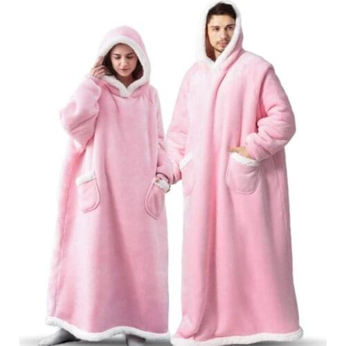Winter Warm Women Extra Long TV Hooded Blanket Sofa Cozy Plaid Pocket Fleece Adults Kids Bathrobe Oversized Outwear