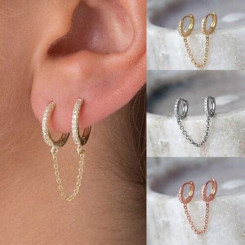 1 Pair Trendy Chain Tassel Double Ear Pierced Earrings 925 Sterling Silver Hoop Earrings for Women Engagement Party Earrings