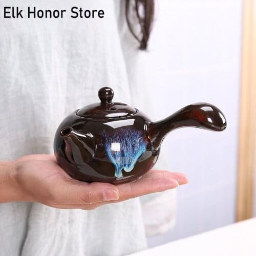 250ml Retro Temmoku Glaze Ceramic Teapot Handmade Kiln Fambe Side Handled Teapot Kung Fu Tea Master Pots Personal Teaware Gift