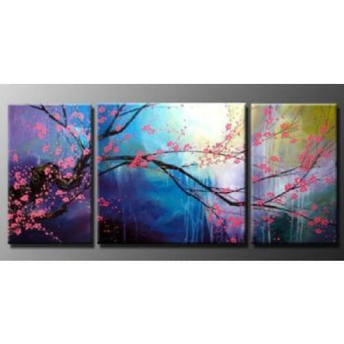 3pcs Hand Painted Home Decor Plum blossom in the rain I-Modern Canvas Art Wall Decor-Floral Oil Painting Wall Art