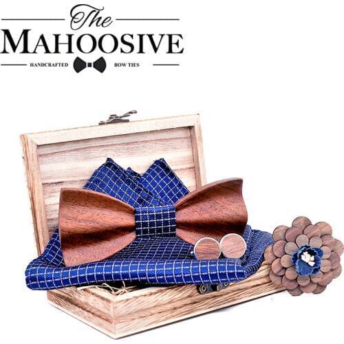 3D Black Walnut Wooden Bowtie for Mens Wedding Papillon Corbatas Printed Wood Bow Tie Handkerchief Set for Mens Suit Butterfly