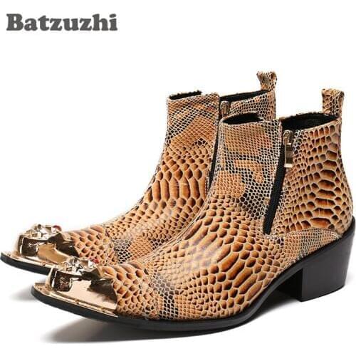 Batzuzhi Handmade 6.5cm Heels Men Leather Boots Height Increased Mens Dress Ankle Boots Fashion Metal Toe Botas Hombre