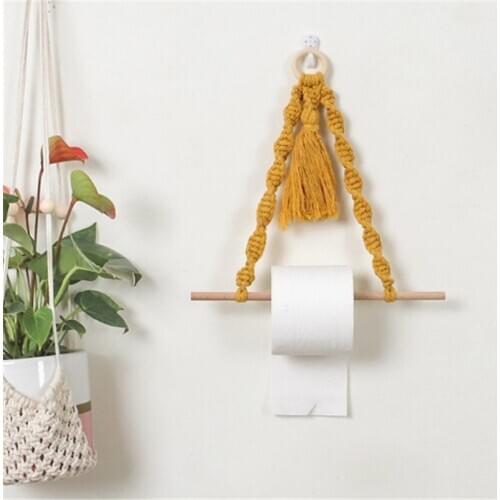 Handmade Roll Paper Holder Macrame Cotton Rope Weave Wood Rack Bathroom Toilet Towel Hanger Home Storage Tissue Shelf Organizer
