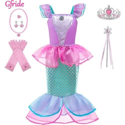 Girls Princess Ariel Mermaid Dress Wig Kids Christmas Little Mermaid Costume With Crown Child Carnival Birthday Party Clothing