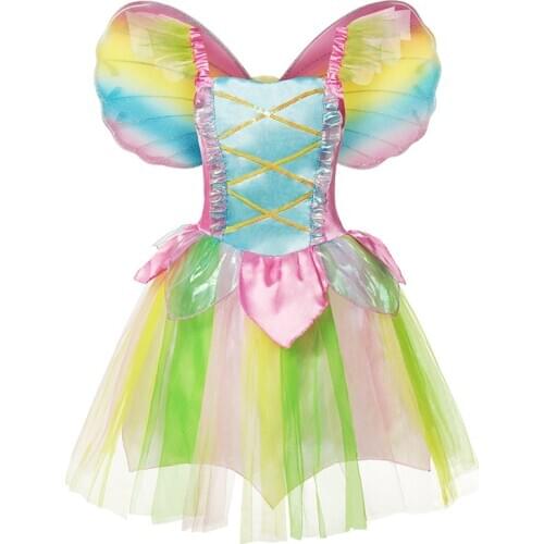 Fairy Tinkerbell Princess Dress Wings for Girl Fancy Dress Up Costume Flower Green Leaf Fairy Elves Cosplay Clohting with Wig