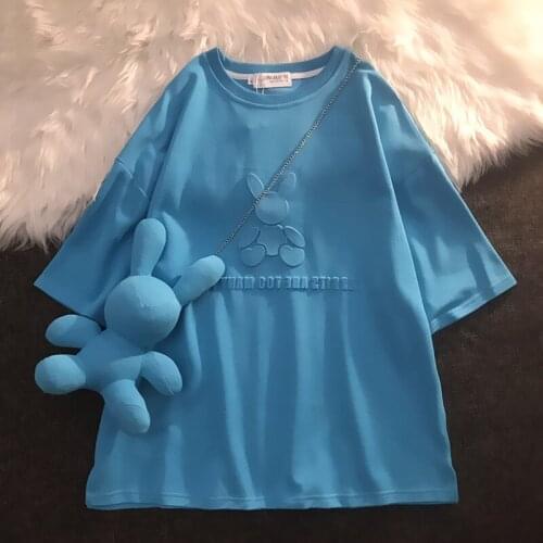 Cartoon rabbit satchel doll short sleeve T-shirt womens summer loose cotton clothes fashion brand