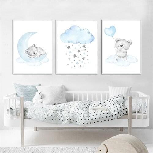 Blue Moon Cloud Bear Wall Art Print Painting Baby Animal Poster Child Nursery Prints Nordic Wall Pictures Kids Room Decoration