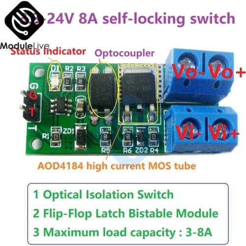 IO95A01 3.3V-24V 9V-24V 8A Isolation LED Motor Flip-Flop Latch Switch Module Bistable Single Button LED Relay Solenoid Valve