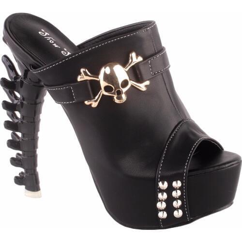 LF80661 SHOW STORY Punk Black Skull Stud Open Toe Platform Bone Heel Club Mule Slide Sandals