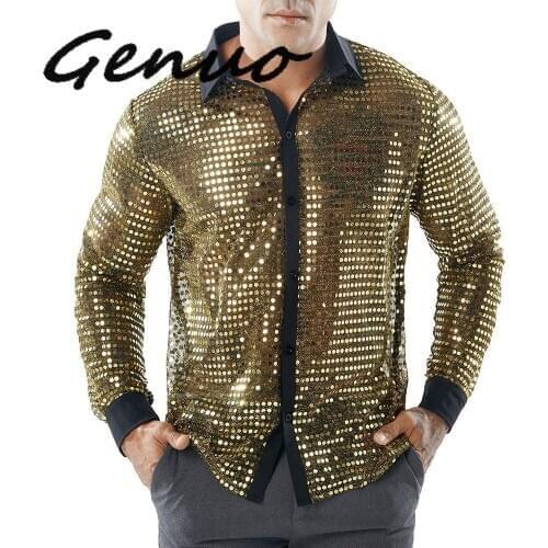 Genuo New Men Fashion Casual Shirts Long Sleeve T-Shirt Patchwork Boy Hollow Sequin Party Shirt Tops Cool Tshirt For Men
