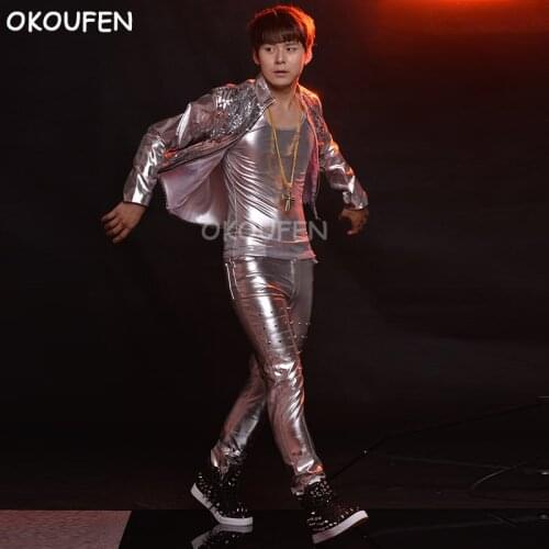 Men Silver Sequin Motorcycle Leather Jacket Drum Stage Dress Costumes Nightclub Bar Singer dancer Performance set