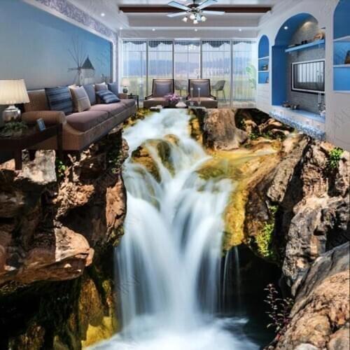 Custom Mural Floor Sticker 3D Stream waterfall stone landscape bathroom bedroom living room 3D Floor PVC Self-adhesive Wallpaper