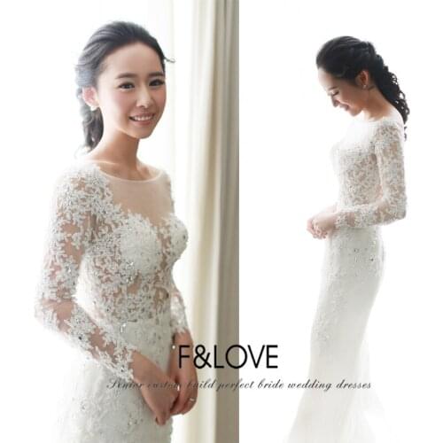 Vestido De Noiva 2015 new sexy see through long sleeve lace appliques crystal mermaid Vintage Wedding Dress bridal Dresses