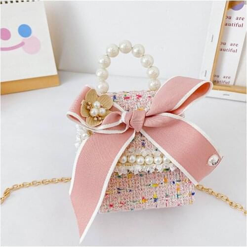 2021 Brand New Kid Messenger Bag with Pearl Bow Girls Adjustable Chain Small Cute Princess Purse Crossbody Bag