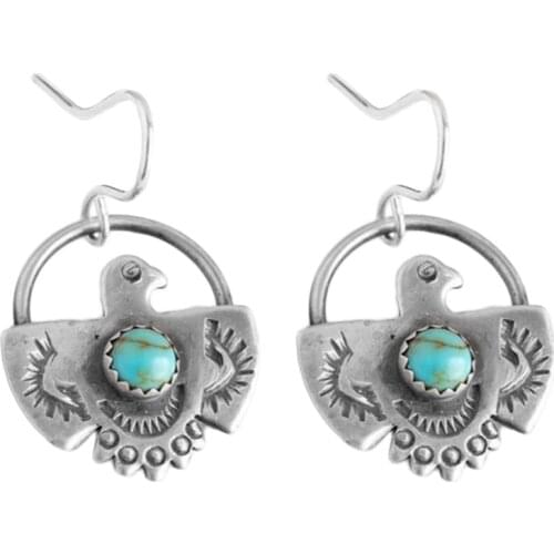 Eagle Drop Earrings Vintage Jewelry Carved Metal Turquoises Stone Statement Dangle Earrings For Women