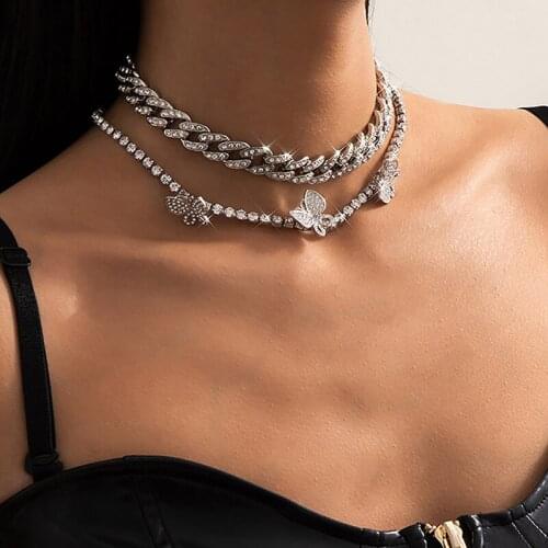 TIMEONLY Fashion Sparkly Rhinestone Butterfly Choker Necklaces for Women Lady Chunky Curb Chain Hollow Charm Necklace for Women