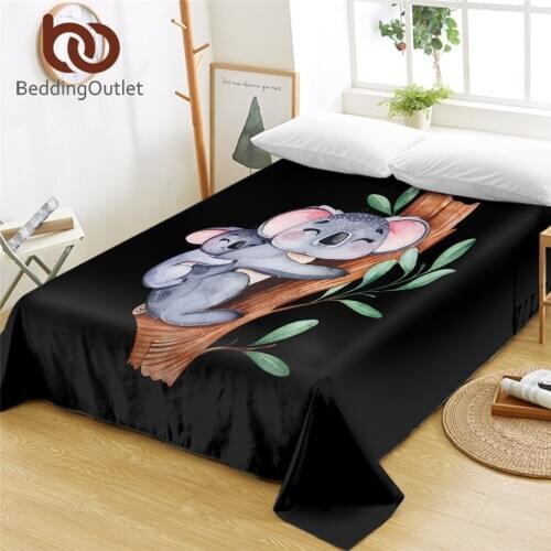BeddingOutlet Koala Family Bed Sheets Cartoon Flat Sheet for Kids Bedroom Eucalyptus Tree Leaf Bed Linen Animal Bedspreads Queen
