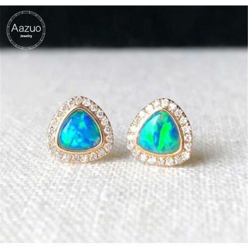 Aazuo 18K Yellow Gold Real Natural Blue Opal Real Diamonds Triangle Stud Earrings For Woman Girl Wedding Engagement Party Au750