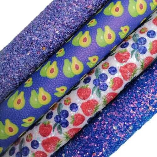 Blue Glitter leather, Kiwi Printed synthetic leather, Cherries Printed Glitter Faux Leather Sheets For Bows DIY 21x29CM KM685