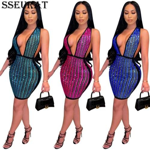 SSEURAT Hot Rhinestones Stripe Midi Dress Sexy Night Party Sleeveless Deep V-neck Bodycon Bandage Mini Dresses