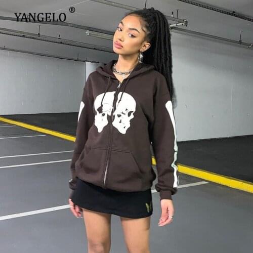 Skull Print Hoodies Contrast Color Zipper Cardigan Long Sleeve Casual Sweatshirt Hooded Coat for Women Y2k Girls Tops