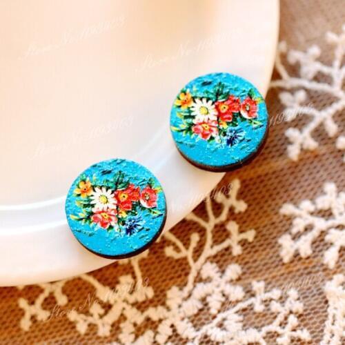 Unique 3D Flower Embossed 16mm Round Coloured Drawing pattern Laser Cut wood Cabochon DIY for Rings, Earring,Brooch,Necklace