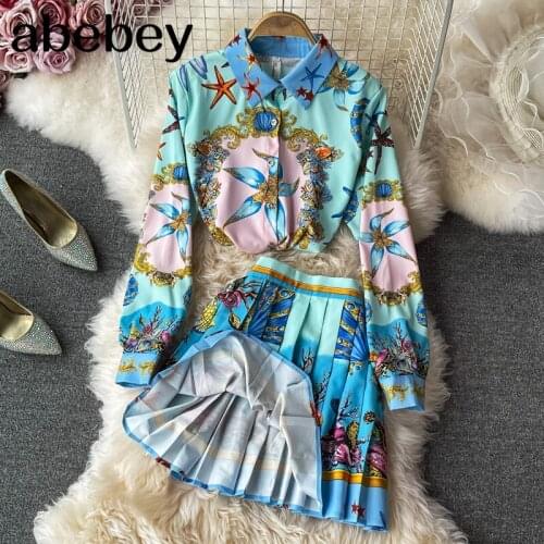 2021 New Summer Vintage turn-down collar long sleeve print Shirt + high waist short print pleated Skirt 2-piece set