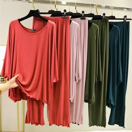 Women Nightshirt Sets Pajama Solid Color Pyjama Set Spring Sleepwear Ladies Tops Pants Casual Loose Soft Nightwear